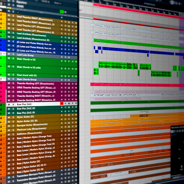 Photo of the Cubase DAW with lots of colourful tracks