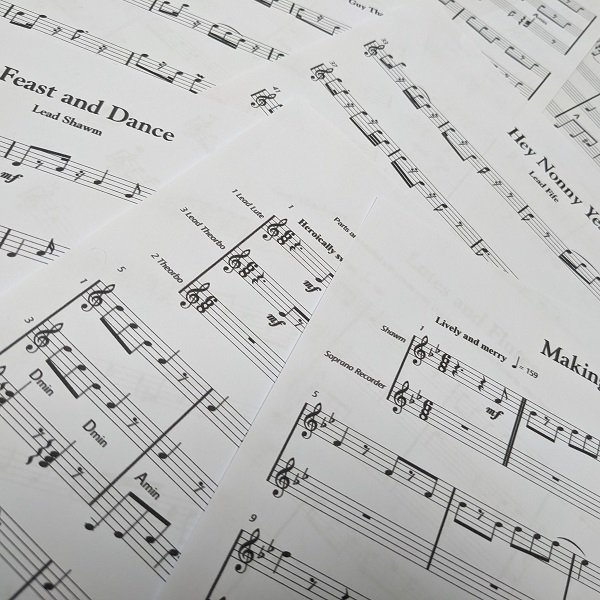 Photo of some sheet music used in the recording sessions for Guy Thackeray's "Merry Medieval" album.